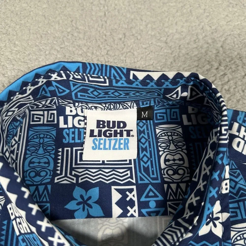 Bud Light Seltzer Shirt Mens Medium Blue‎ Hawaiian Tiki All Over Print Polyester